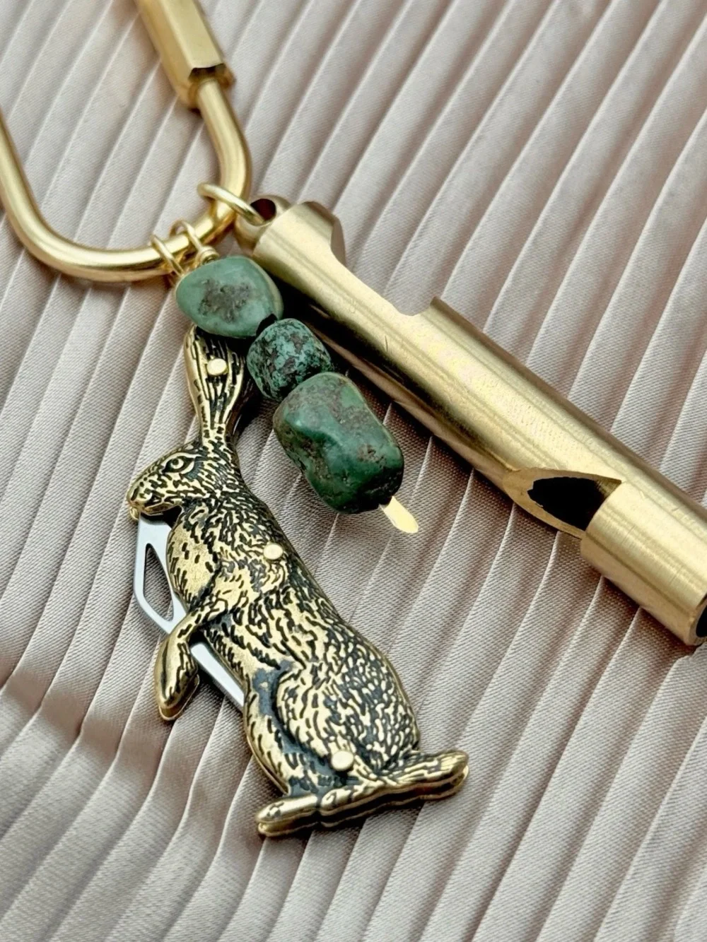 Gold Rabbit Whistle Keychain with Green Stone Beads